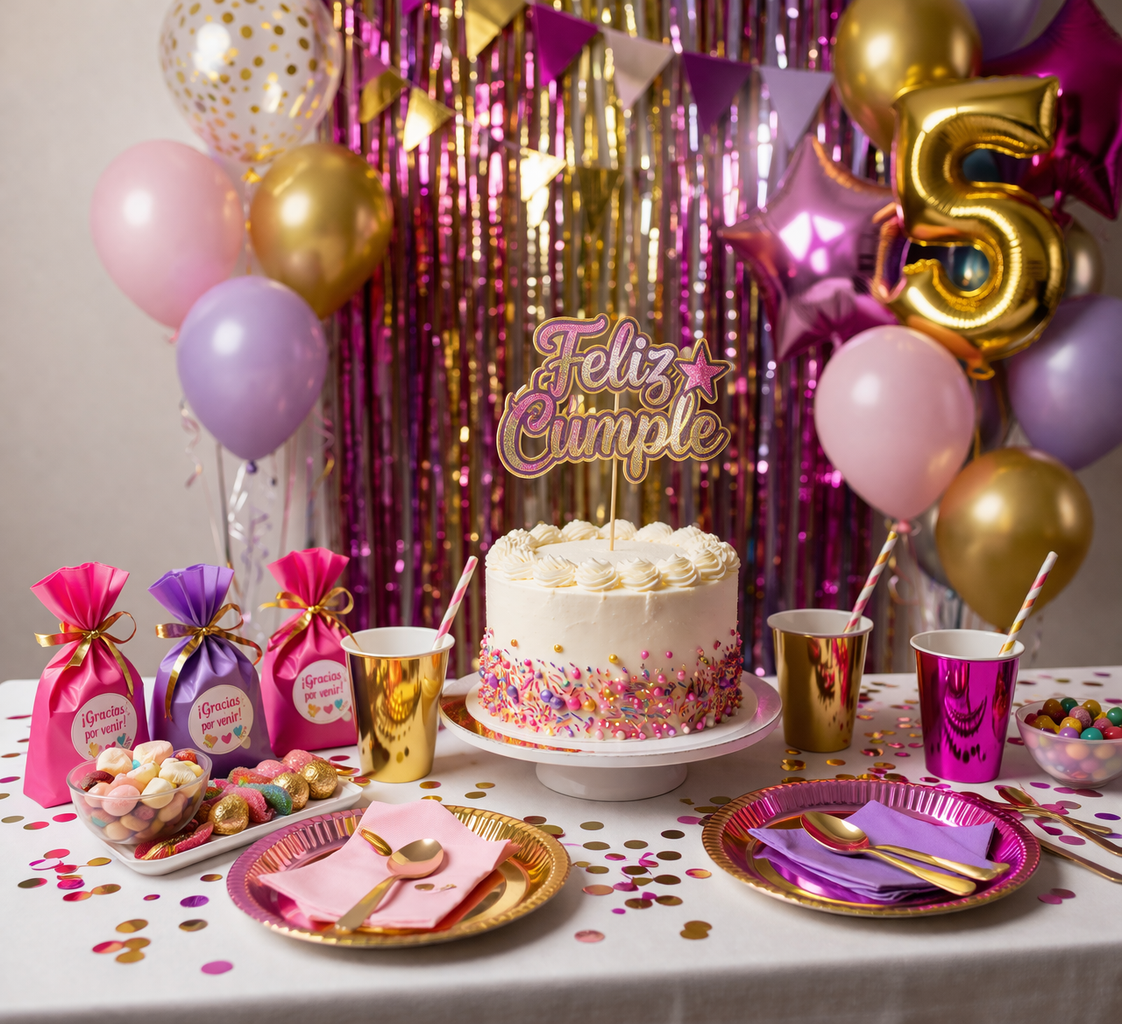 Mesa colorida de fiesta con globos y decoración